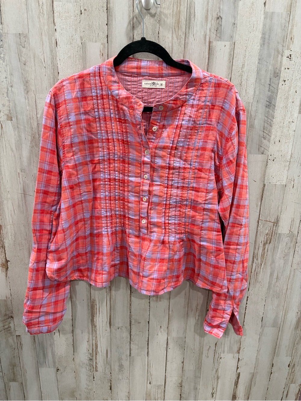 Natural Life Montana Boxy Pink & Purple Plaid Cotton Gauze Shirt Metallic Medium